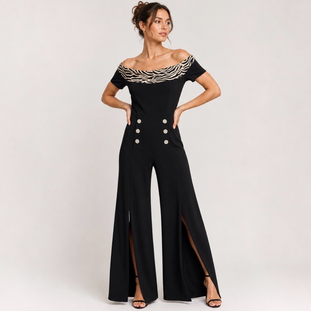 Vintage Joseph Ribkoff Black Palazzo Jumpsuit Off Shoulder